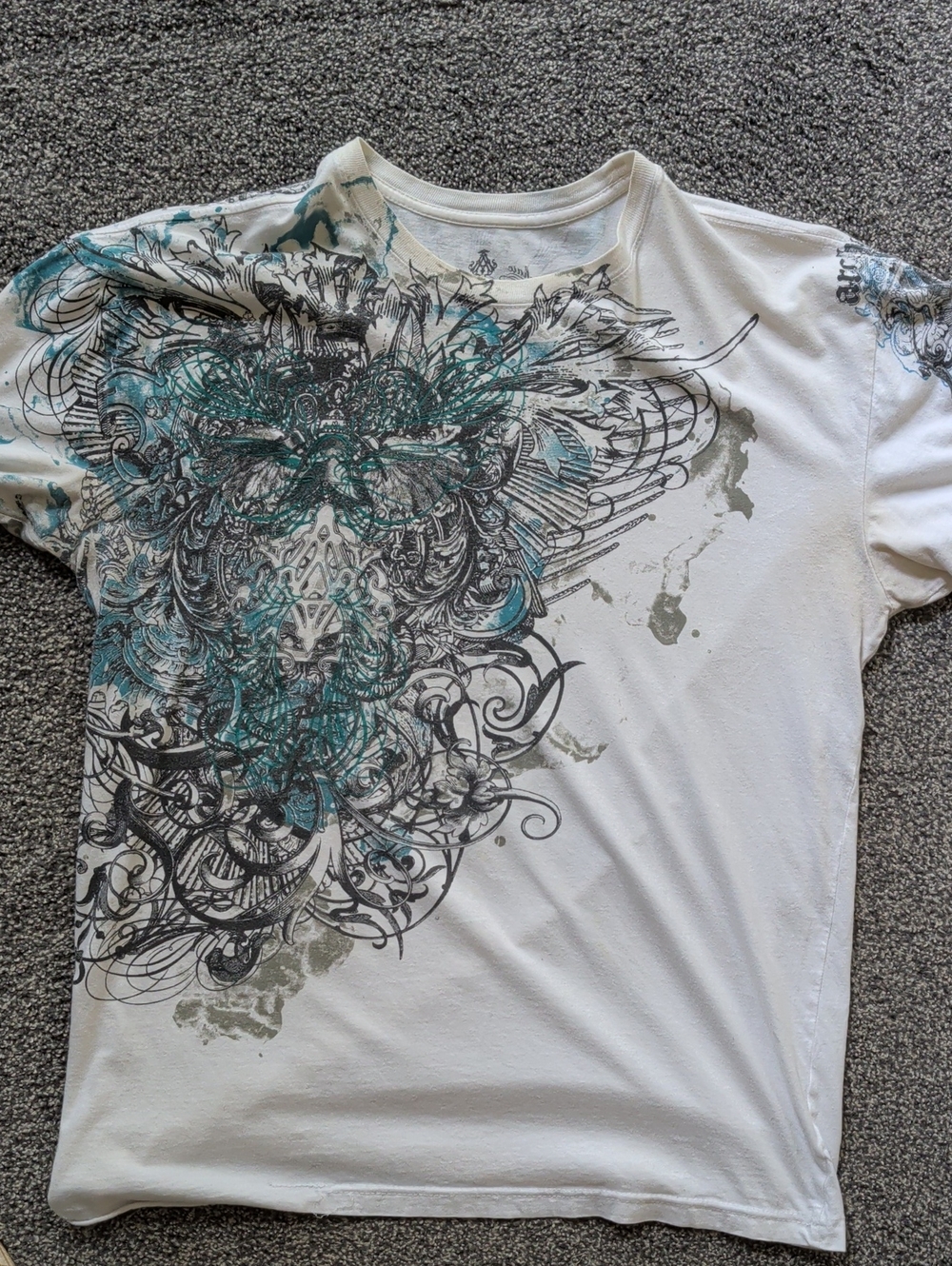 Archaic White Short Sleeve Graphic Tee with Teal and Gray Artwork